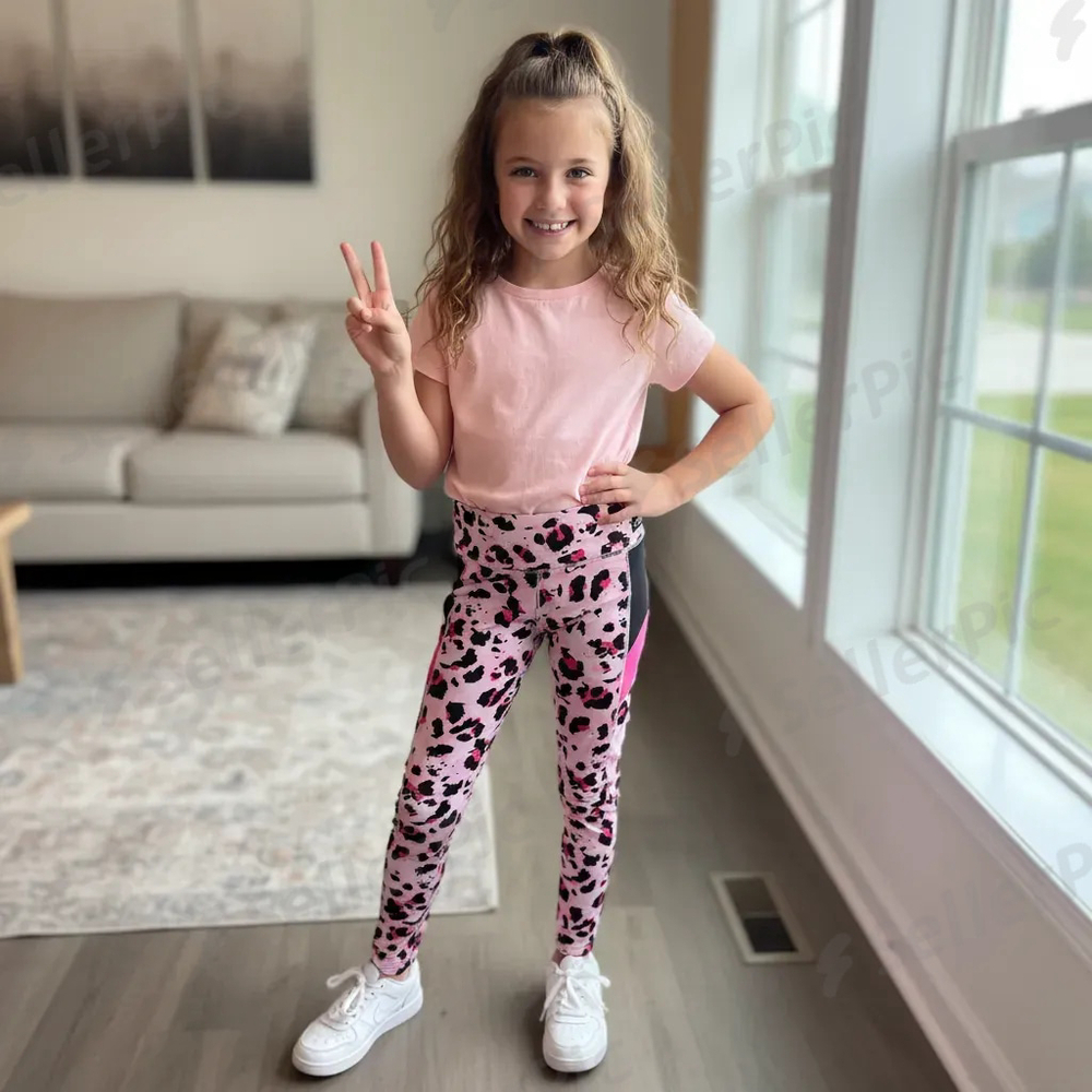 Justice Girls Leggings Activewear Pink Black Leopard Animal Print Size 10 Sporty
